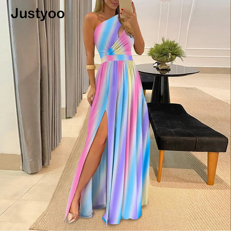 

Summer Sleeveless Draped Lady Party Dress Sexy Skew Collar Hollow Out Long Dress Women Spring One Shoulder High Slit Maxi Dress