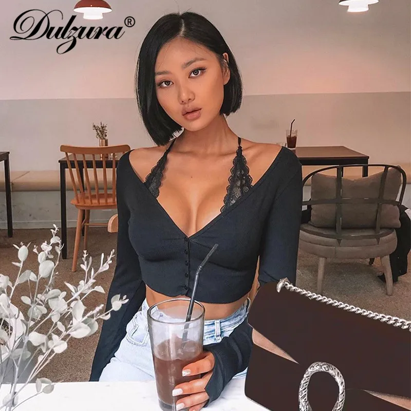 Dulzura lace cardigan knitted women t shirt crop top long sleeve off shoulder bodycon sexy button 2020 summer clothes party club | Женская