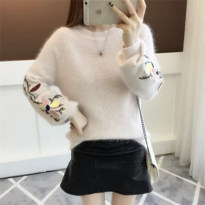 Light pink Осень Зима женский вышитый рукав реглан Круглый вырез вязаный пуловер Джемпер - Цвет: Light pink