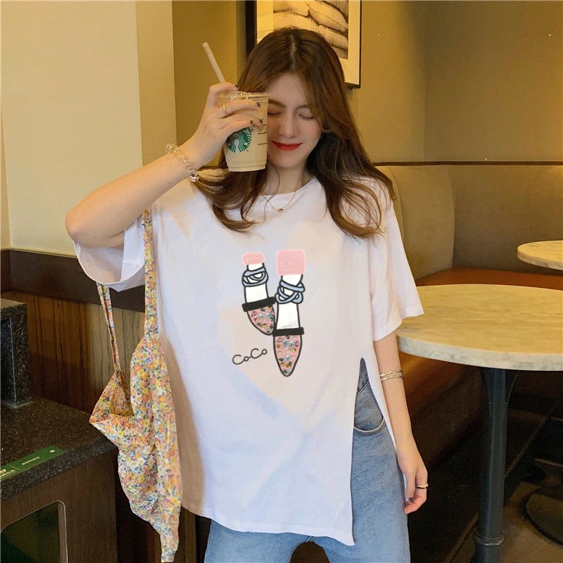 

Летняя женская футболка средней длины с коротким рукавом с разрезом в Корейском стиле женская футболка большого размера свободного кроя дл...