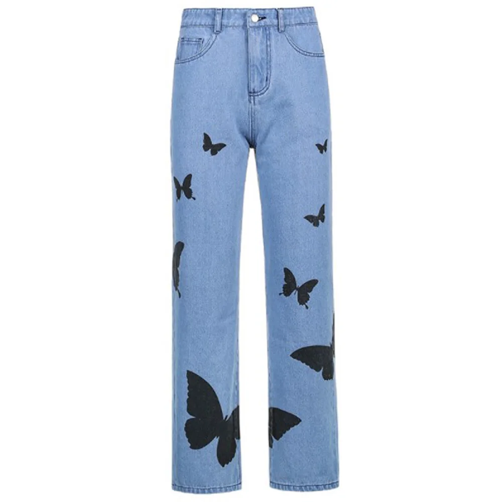 

Cultiseed Women Butterfly Print High Waist Straight Denim Jeans Pants Female New Fashion Casual Long Trousers Clothes
