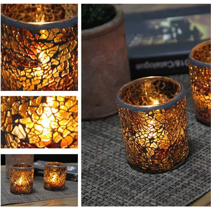 

2 Pieces of European-Style Amber Mosaic Glass Candle Holder Confession Romantic Candlelight Dinner Bar to Add Atmosphere