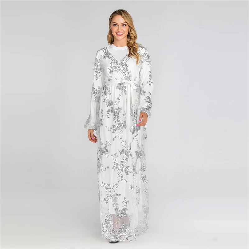 White dress Abaya Дубай турецкий хиджаб мусульманское платье кафтан марокканский кафтан ислам одежда Абая для женщин Djelaba Femme Robe Musulman - Color: White dress