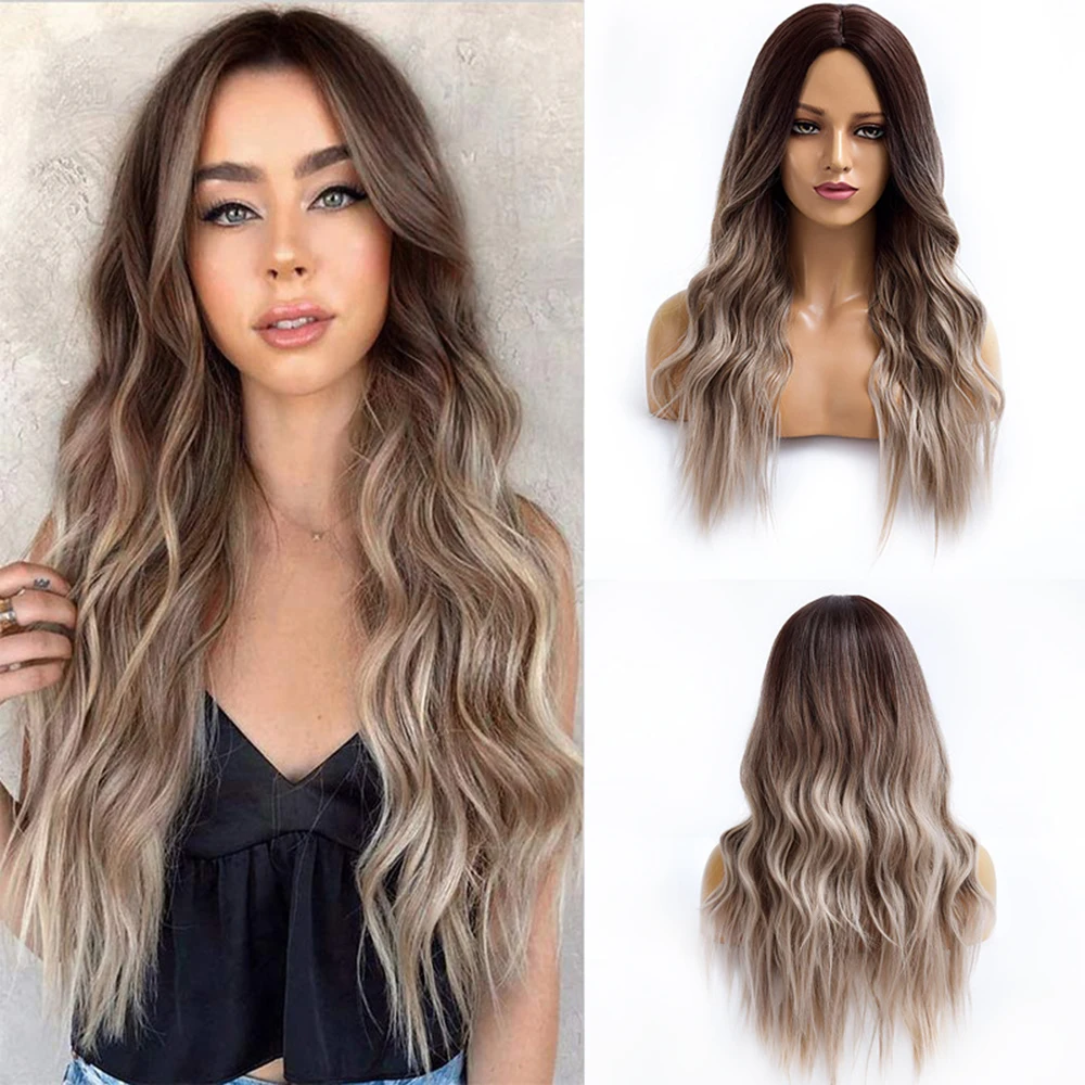 

Ombre Brown Wig Long Wavy Wigs for Women Ombre Brown Wig with Middle Part Wigs Heat Resistant Fiber Synthetic Wigs
