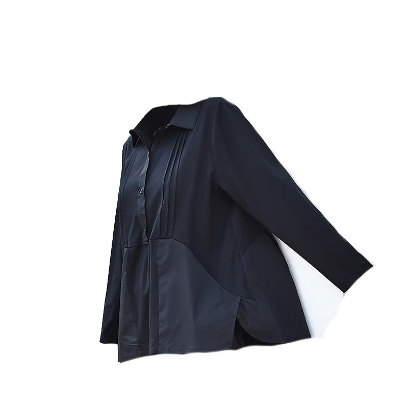 

IEQJ 2021 new women loose clothes turn-down collar full sleeves spliced single breasted big size T-shirt WP77601 free fits