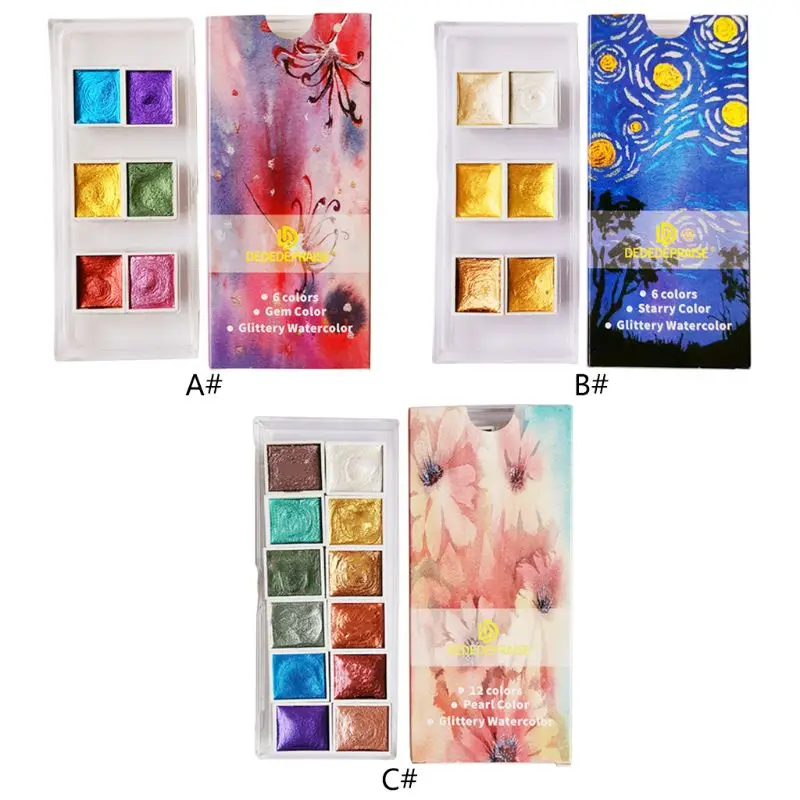 

6/12 Color Glitter Water Color Set Metallic Gold Pigment Paint Artist Painting