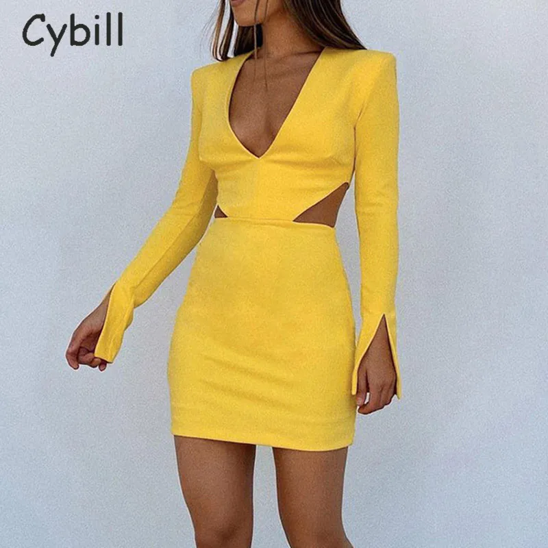 

Cybill ажурное сексуальное мини-платье с длинным рукавом, с открытой спиной, вечернее облегающее платье, желтое, черное, 2021, осенне-зимние корот...