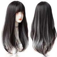 hoiuyan female long straight hair bangs synthetic wig gradient gray synthetic cosplay lolita