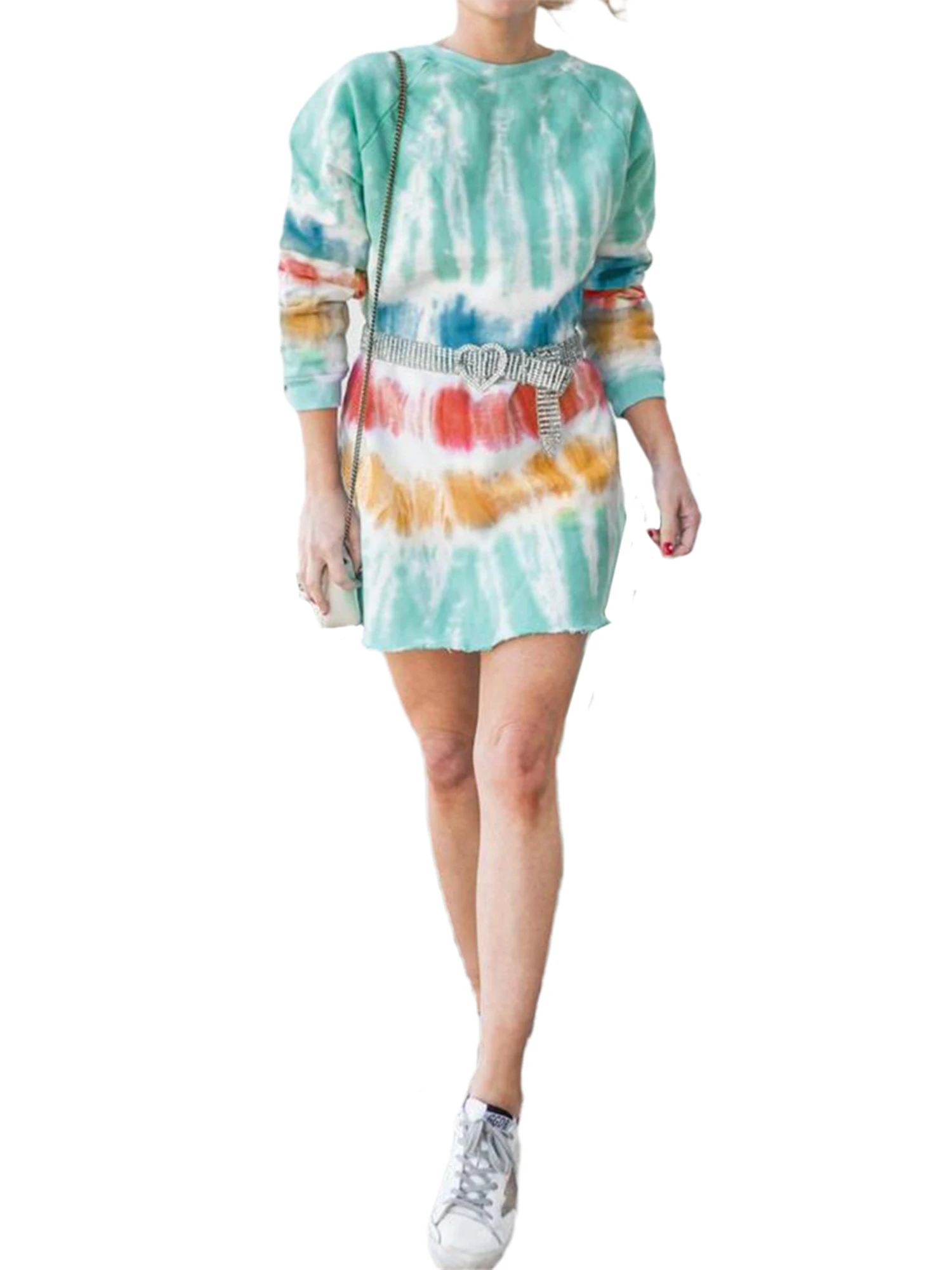 

Women Long Sleeve Rainbow Tie Dye Print Sweatshirt Dress O-Neck Mini Dress Female Loose Straight Dress