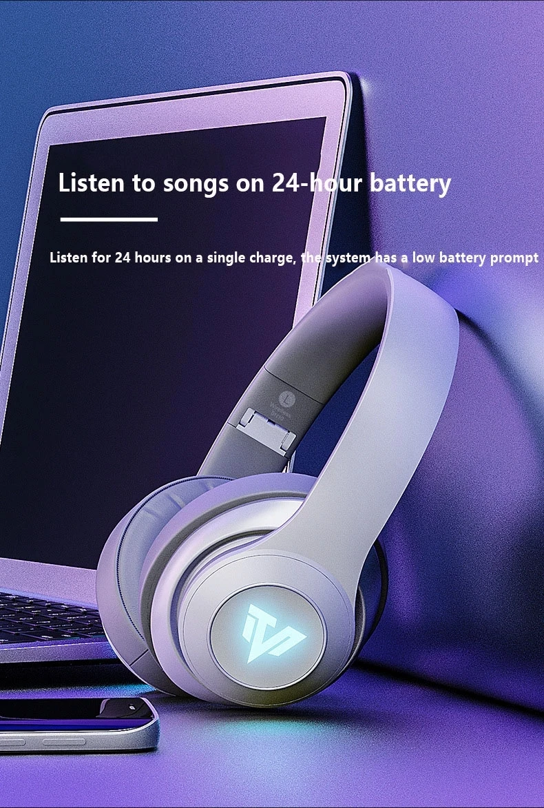 

Head-mounted 5.0 Luminous Metal Folding Ear LED Light Effect Bluetooth Headset Metal Folding Bass Microphone Bluetooth Headset