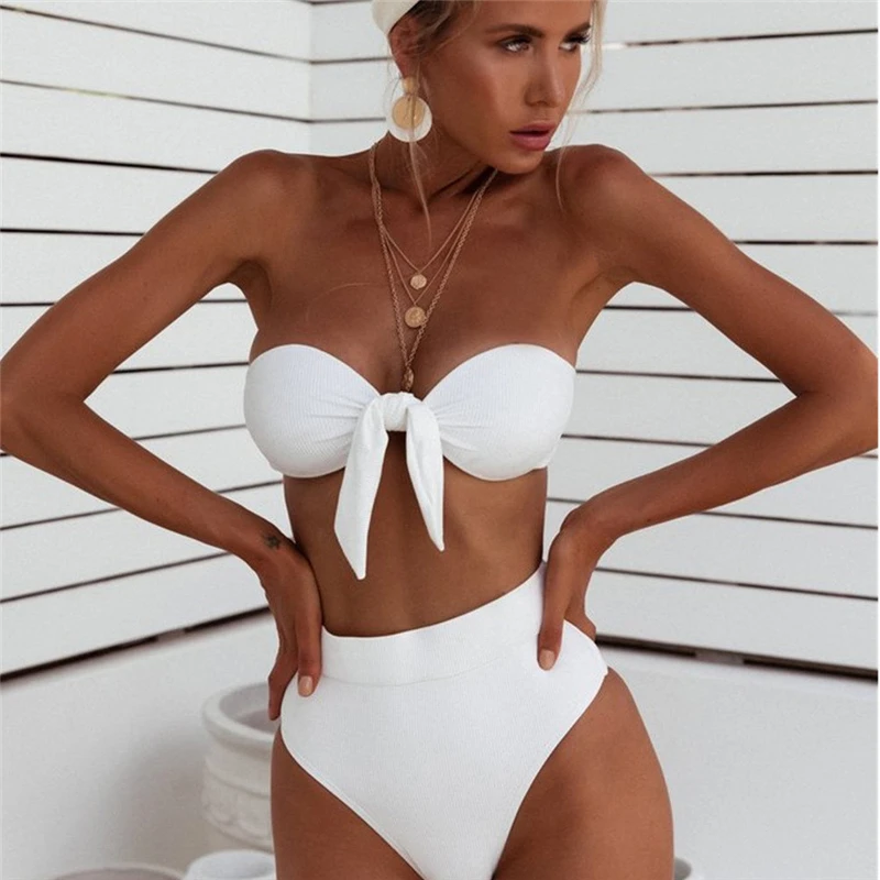 

Bikini 2021 European and American new solid color swimsuit split feminine sense polyester fabric breast pad swimsuit maillot de