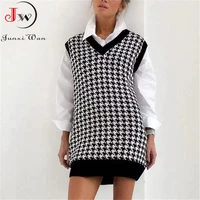 autumn winter loose houndstooth women knitted vest sweater vintage elegant mid length autumn winter loose tops pullover jersey