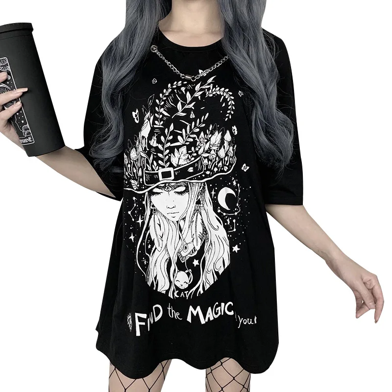 

Gothic Large T Shirt Femme Mall Goth Dark Chain Necklace Cartoon Print Loose T Shirt Dress Egirl Y2K Top Urban Women Alt Clothes