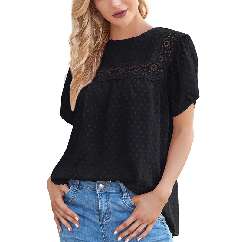 

2021 Summer New Women Fashion Casual Solid Color Top O Neck Short Sleeve Tshirt Chiffon Lace Polka Dot Blusas Womens Clothing