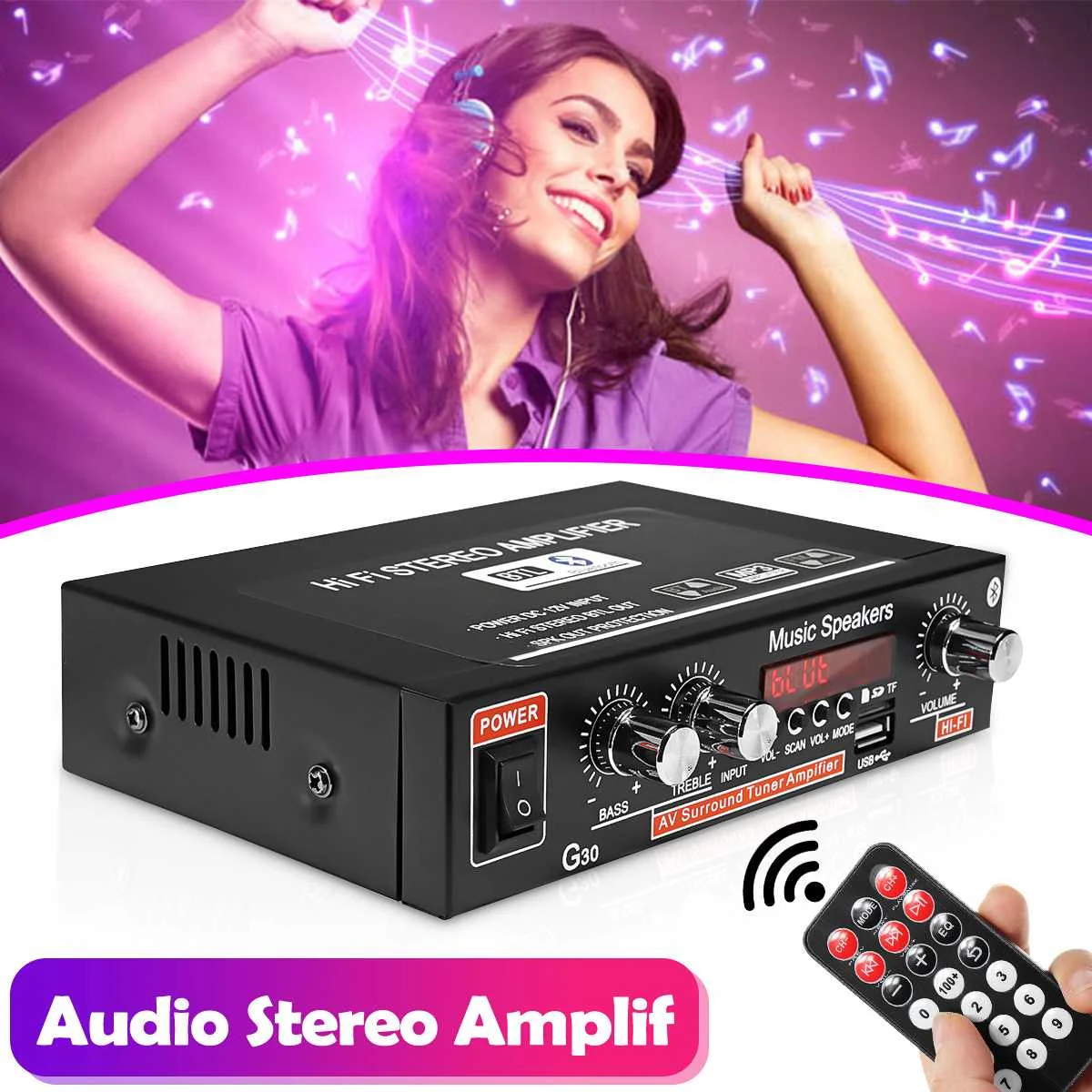 Hi-Fi-стереоусилитель с поддержкой bluetooth, 2 канала, с пультом ДУ