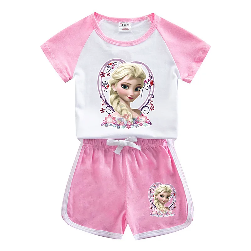 

Disney Lovely Kids Clothes Summer Shirt&shorts Two Piece Frozen Elsa Princess Little Girls Outfits Set Children Teen Tracksuits