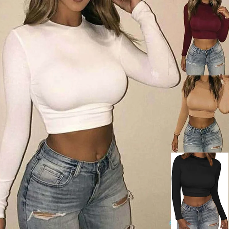 

Women Sexy Bodycon T Shirt Autunmn Women Long Sleeve O-neck Crop Top Modis Sheath T Shirt Fashion Autumn Solid Tops