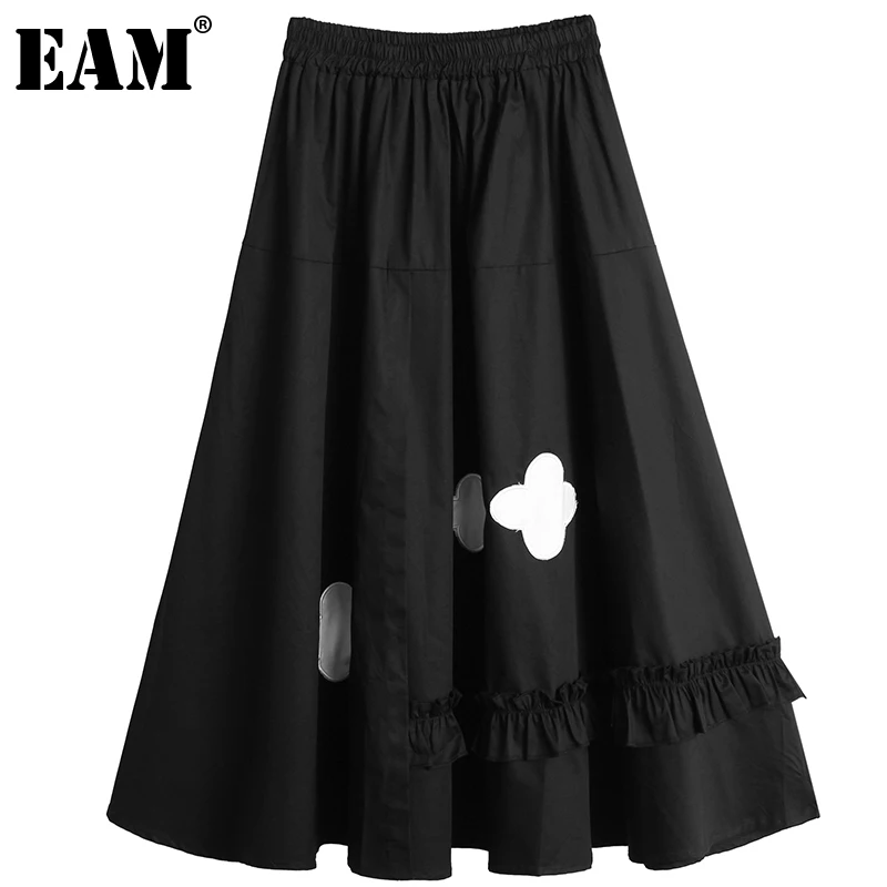 

[EAM] High Elastic Waist Black Irregular Pleated Flower Half-body Skirt Women Fashion Tide New Spring Summer 2022 1DD9351
