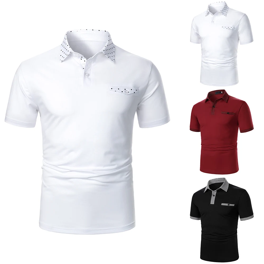 

Men Summer Polo Shirts Business Style Male Plaid Dot Polo Stitching T Shirt Causal Turn-Down Collar Short Sleeve Tops D30