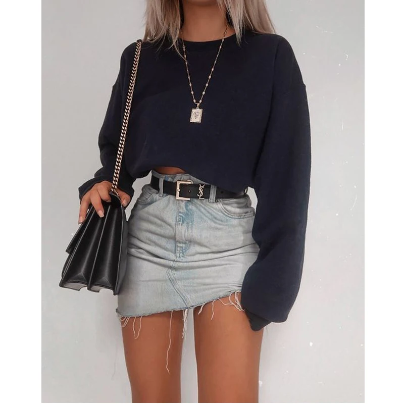 Meihuida Autumn Spring Women Casual O-Neck Long Sleeve Striple Soft Cotton Loose Crop Top Short Shirts Pullover Sweatshirts