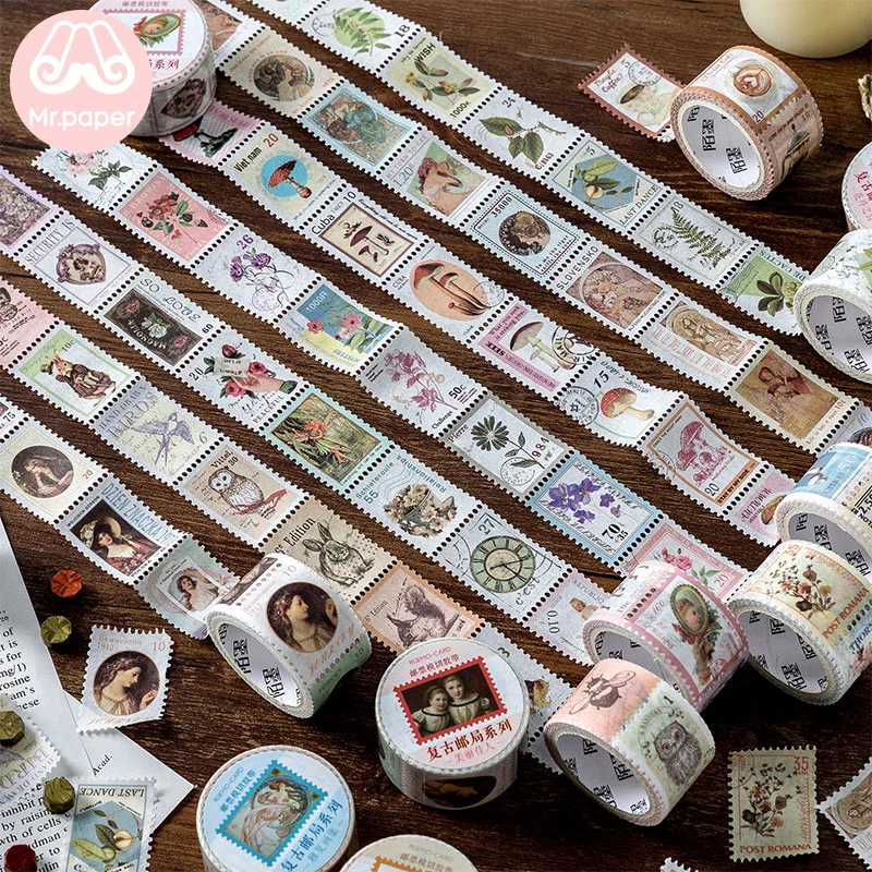 Mr Paper 8 Designs Retro Post Office Plant Stamp Tapes Scrapbooking Deco Sticker Masking Tapes Easy to Tear