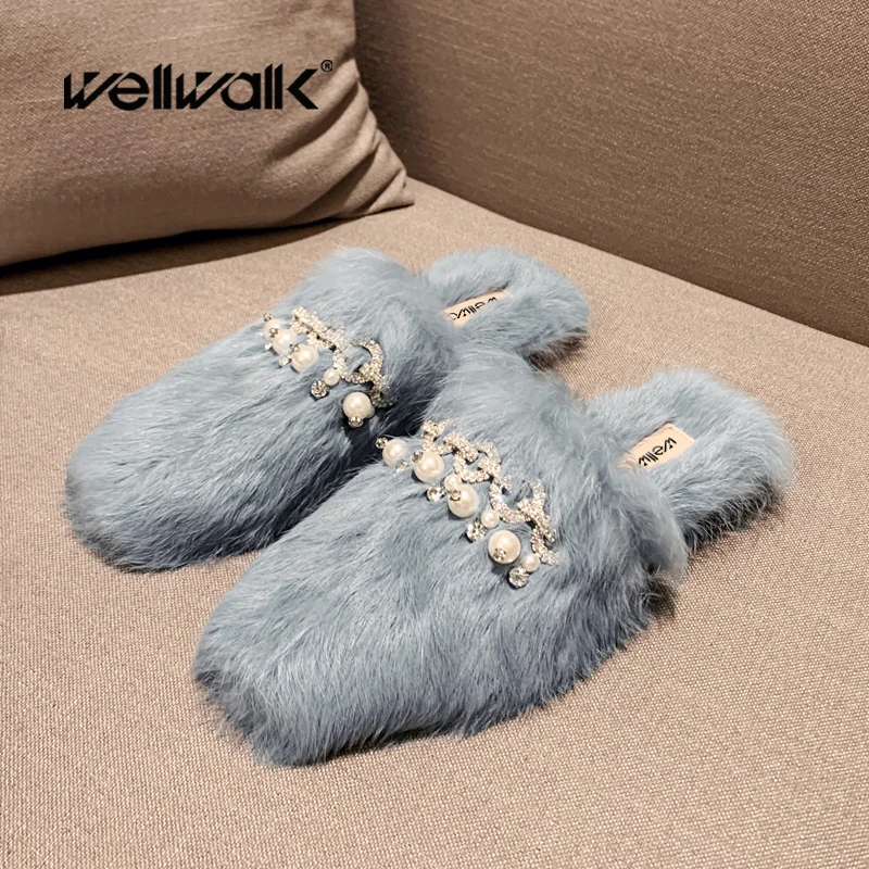Домашняя обувь на меху Женские тапочки Плюшевые мюли с пряжкой и жемчугом в виде