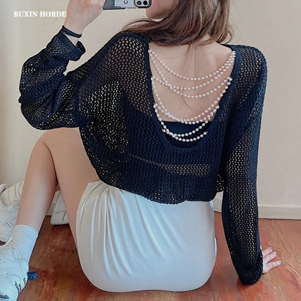 Sexy Backless Hollow Cross Pearl Knit Pullovers European Women 2021 Spring Fall Long Sleeve Sweater Fashion Clothing Sweet Girl
