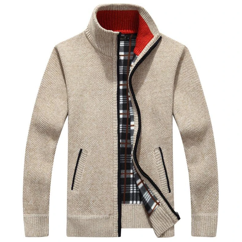 Мужской плотный теплый кардиган на молнии свитер со стоячим воротником и