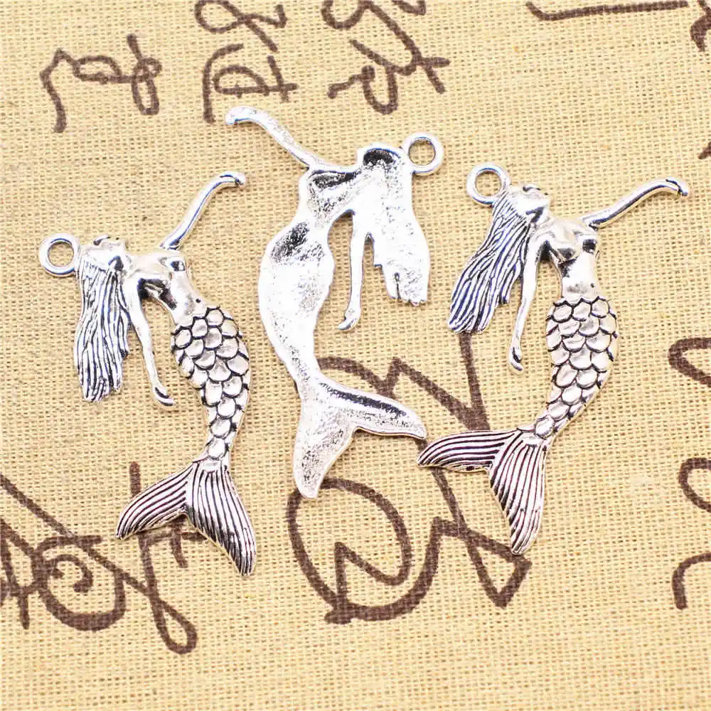 

Charms for jewelry making 2pcs 50x57mm antique silver color Mermaid charms