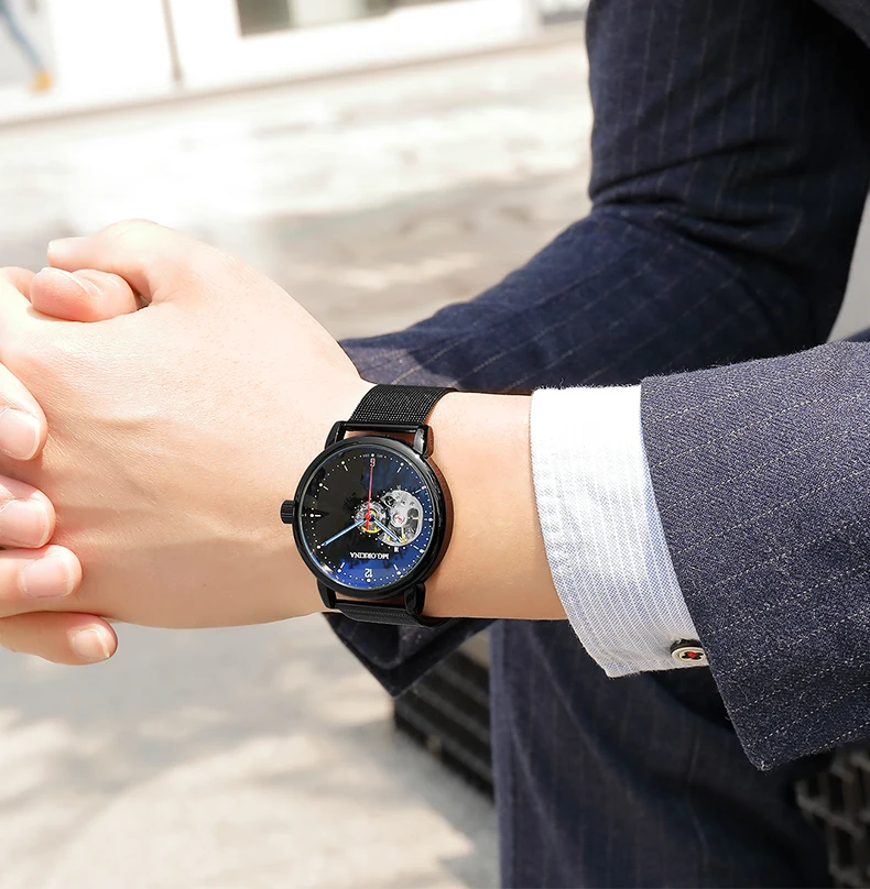 Reloj Hombre автоматические часы мужские s модные спортивные из нержавеющей стали сетки Группа скелет механические наручные часы для мужчин