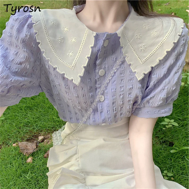 

Blouses Women Sweet Purple Panelled Lovely Peter Pan Collar Tops All-match Summer Puff Short Sleeve Shirts Girlish Korean Style
