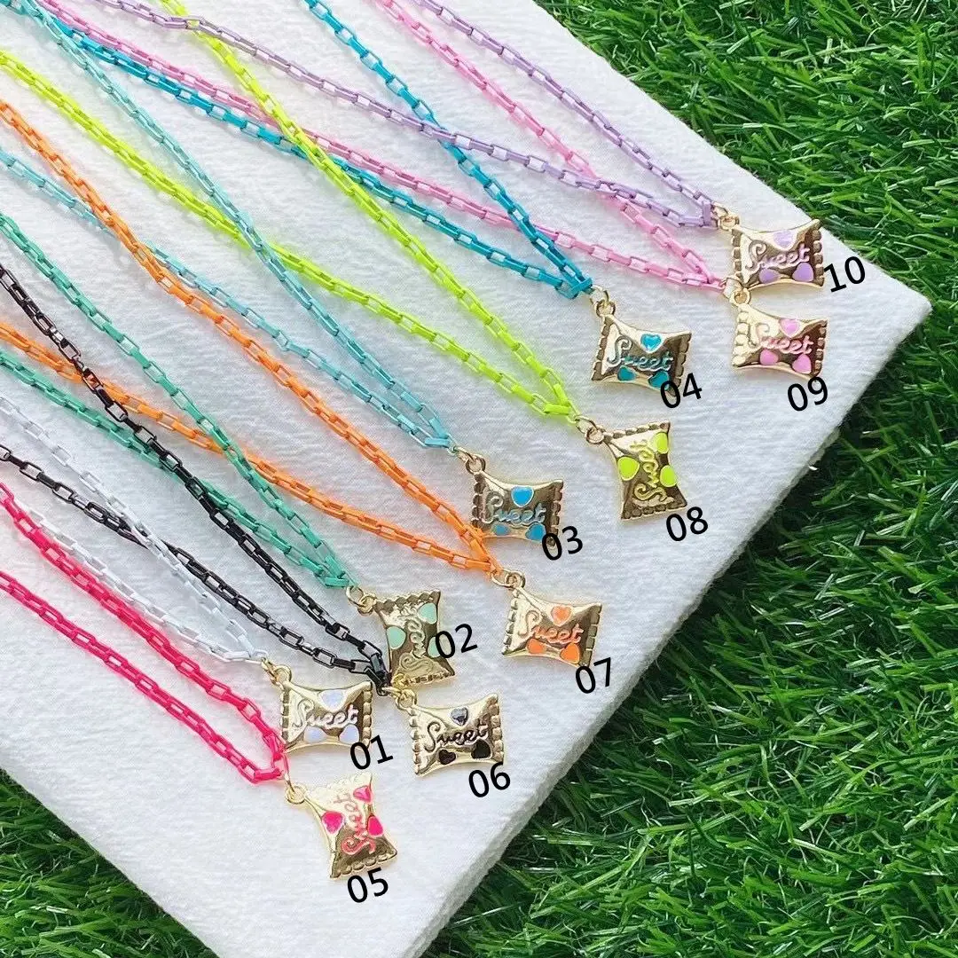 

5PCS, Summer Color Sweet Enamel Color Candy Sugar Pendant Necklace Link Chain Woman Girl Jewelry Gifts