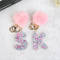 1pc women keychains gold keyring 13 words english letter glitter acrylic hollowed out handbag charms with puffer ball