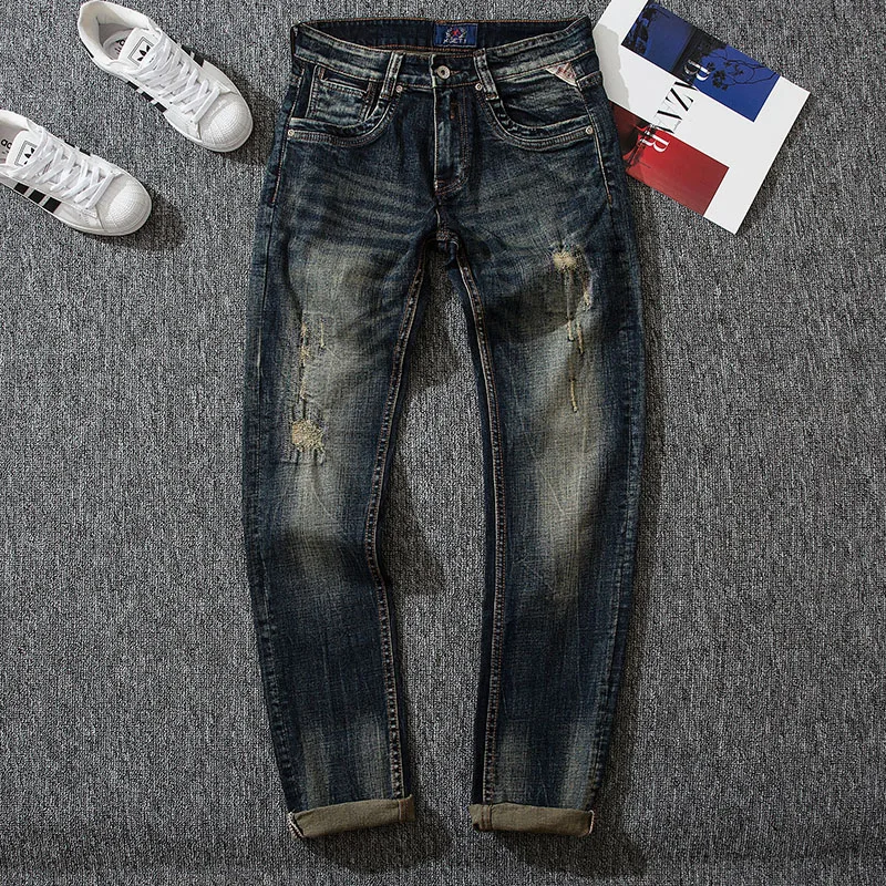 European Vintage Fashion Men Jeans Retro Black Blue Elastic Slim Fit Ripped Jeans Men Embroidery Designer Casual Denim Pants