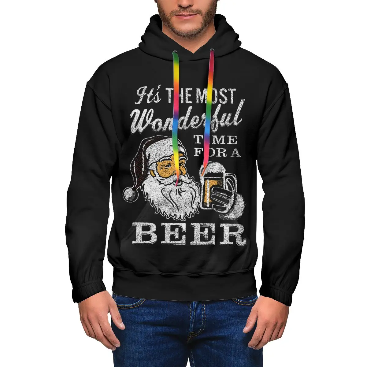 

It's The Most Wonderful Time For A Beer Hoodie Christmas Santa Casual Long Polyester Hoodies Mens Warm Loose Pullover Hoodie XXL
