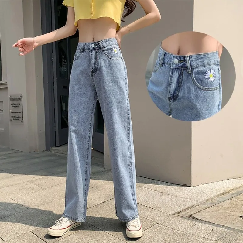 

Джинсы GOOHOJIO женские длинные с широкими штанинами, однотонные винтажные универсальные брюки из денима с завышенной талией, в Корейском стил...