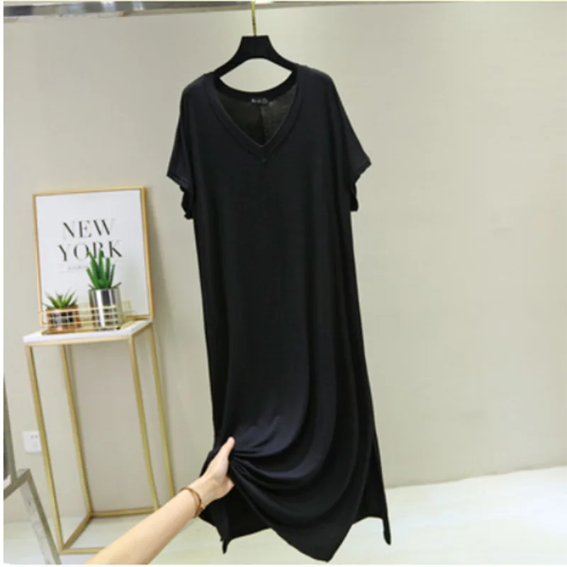 Женское летнее платье 2020 Новое модальное джокер с коротким рукавом v-образным