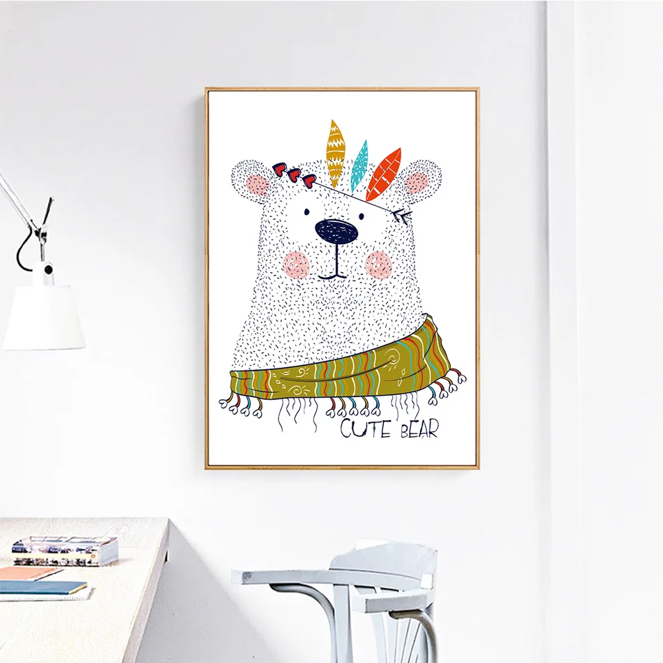 

Nordic style New Art Poster Art Canvas pictures Painting Wall Picture Print Modern Home Decor Cute Bear With Hat Honey In Heart