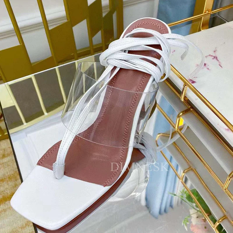 Harga 2021 Cup Sandal Ujung Kaki Split Hak Tinggi Wanita Clear PVC Ankle Strappy Gladiator Sandalias Musim Panas Seksi Pesta Klub Malam Wanita