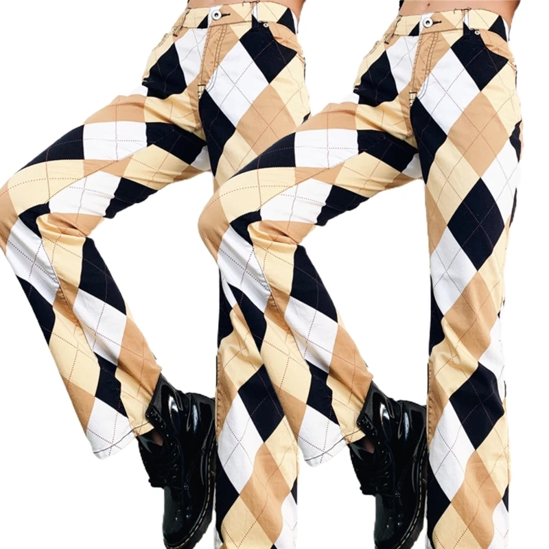

Women Mid Waisted Harajuku Long Pants 90s Vintage Argyle Plaid Printed Straight Leg Trousers Casual Loose Streetwear