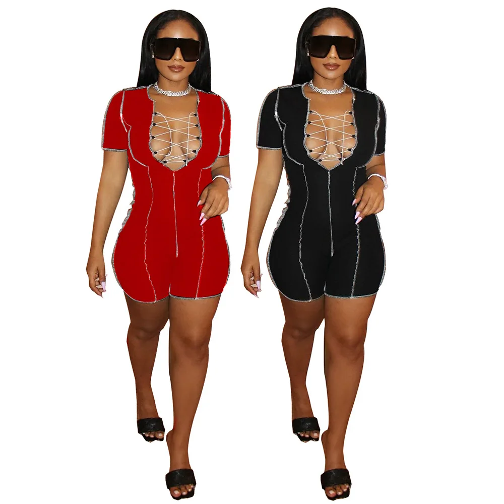 

Sexy Hollow Out Playsuits Reverse Design Solid Color Bandage Slim Party Clubwear One Piece Shorts Jumpsuit Romper Women Summer