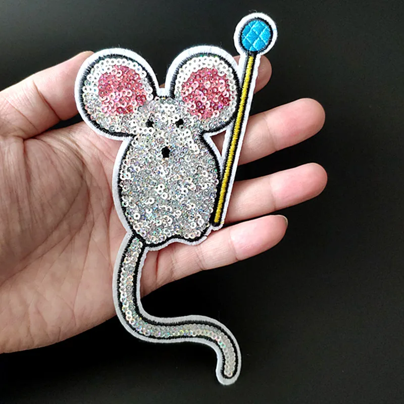 

Mouse Animal Patches For Clothing Sequins Biker Badge Embroidery Fabric Sequined Logo Patch Stickers for Clothes Free Shipping