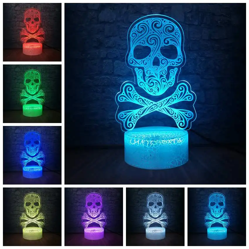 Halloween Skull 3D LED Color Night Light Change Lamp 7 Changing Atmosphere Pirate Desk Party Luminaria Decor Kid Gift | Лампы и