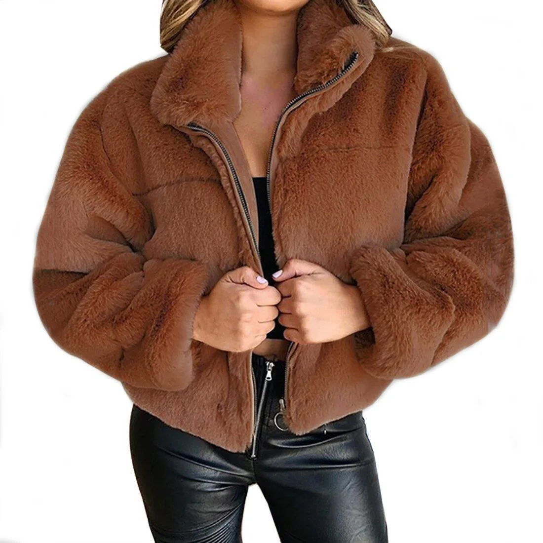 Plush Jacket Women Winter Short 2021 Women Faux Fur Zipper Cardigan Warm Jacket 7 Color Casual Solid Color Outerwear Female