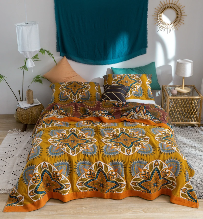 Edredón de gasa de algodón bohemio para cama, manta de hilo amarillo, de viaje, de lino, suave, toalla de almohada, 3 uds.