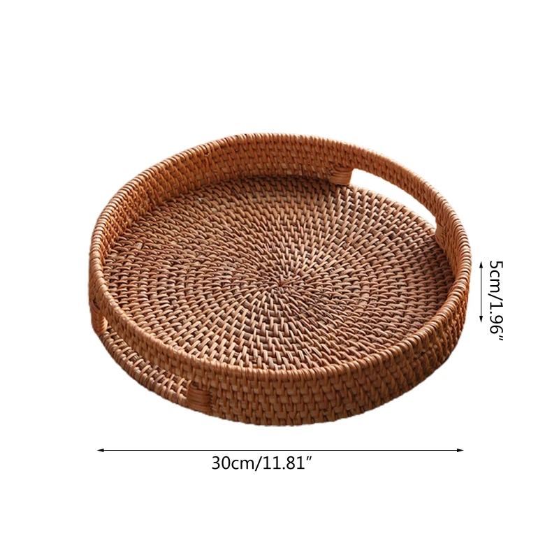 

Rattan Snack Storage Tray Round Basket Hand Woven Decor Bread Fruit Food Display L5YE