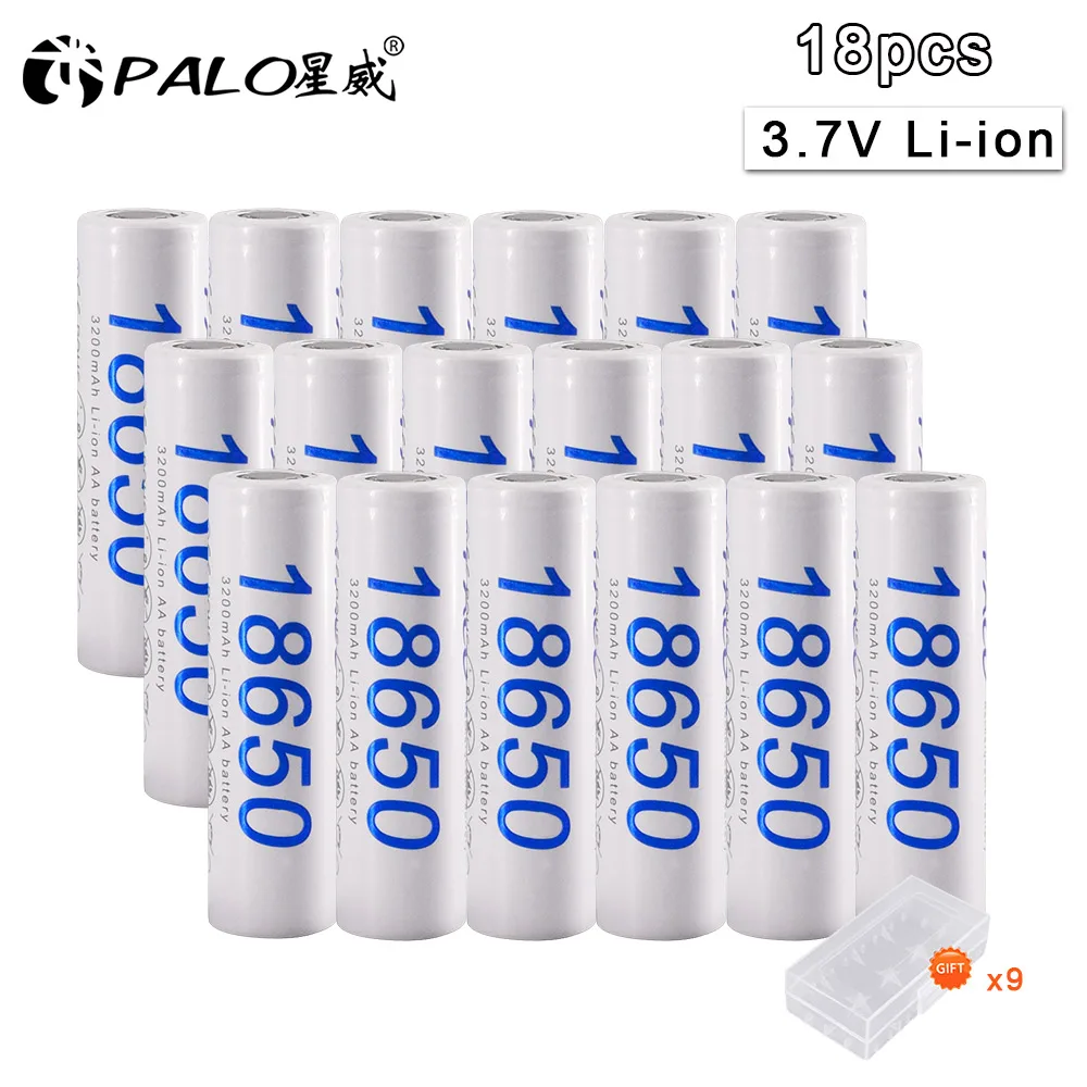 PALO 16-30 шт 18650 литий-ионный аккумулятор 3,7 V 3200mAh для аккумуляторов фонарика+ коробка для хранения - Цвет: 18pcs