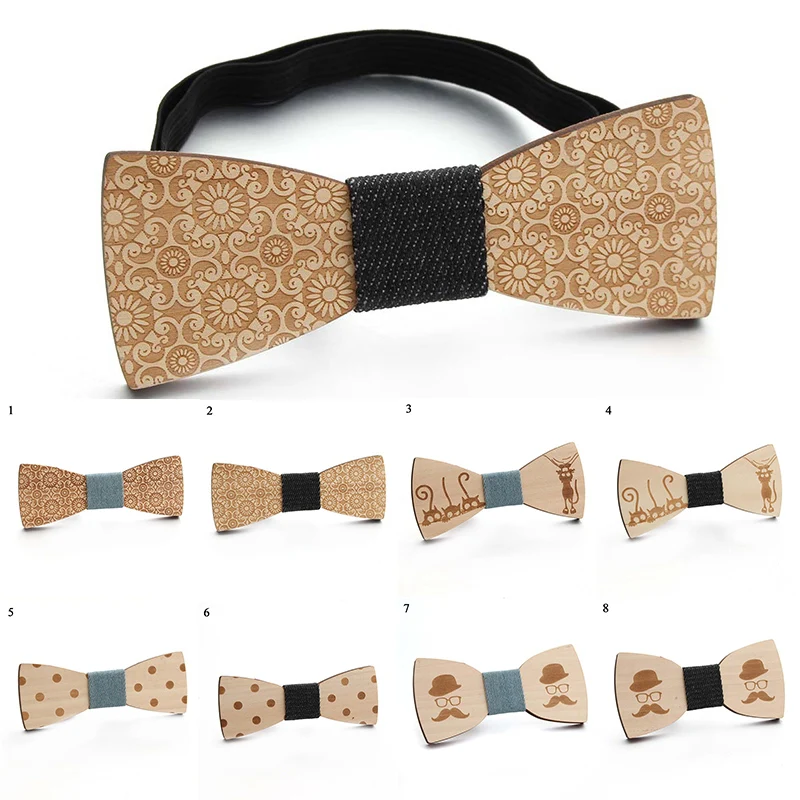 

Wood Bow Tie Collar Accessories Pattern Wooden Neck Tie Collar Strap Flower Bowknot Bow Ties Carved Retro Bowtie Cats Harajuke