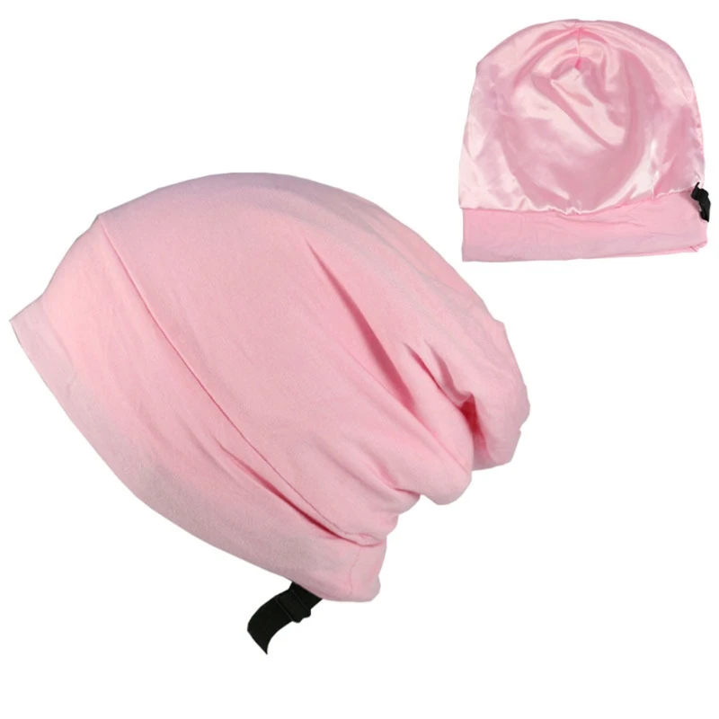 

K3NF Satin Lined Sleep Cap Hair Cover Bonnet Adjustable Elastic Silky Slouchy Skull Beanie Solid Color Night Sleeping Hat Turban