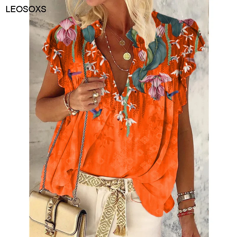 

Tops Women 2021 Summer New V-neck Print Feifei Sleeve Loose T-Shirt Large Size Top Elegant Temperament Casual Clothes